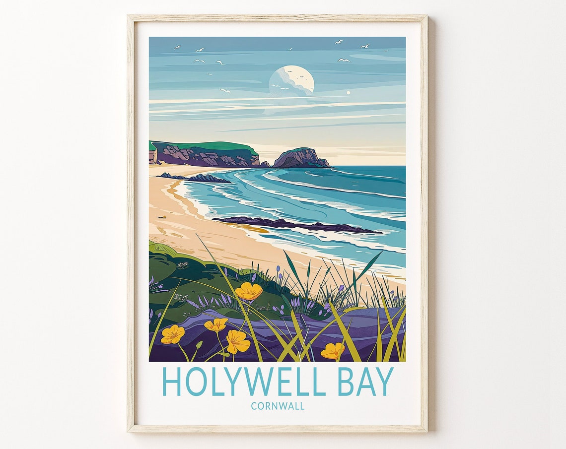 Holywell Bay Cornwall Moonrise Over Beach And Ocean View Poster