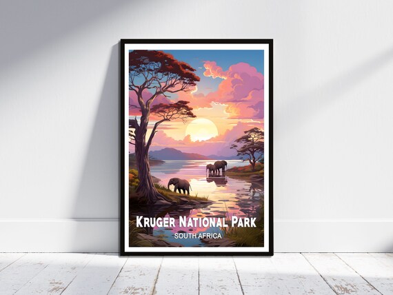 Kruger National Park Elephants Sunset River South Africa Travel Poster