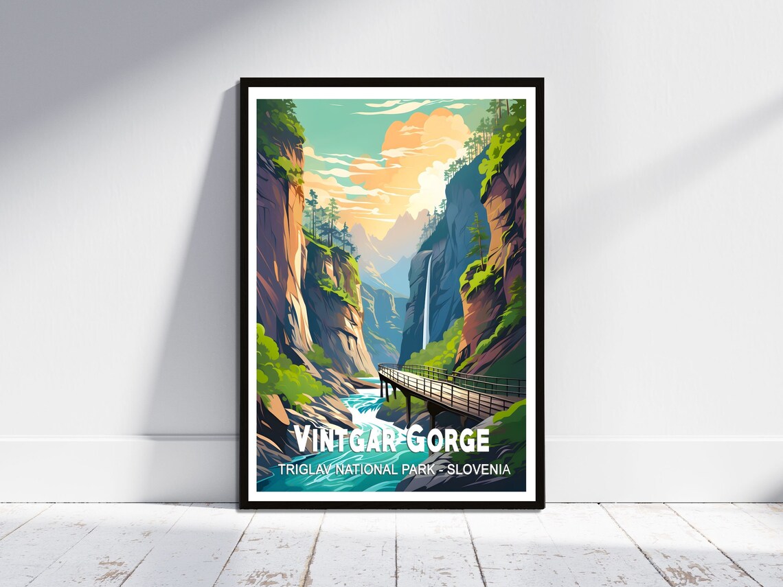 Vintgar Gorge Slovenia Waterfall Walkway Retro Travel Poster Art