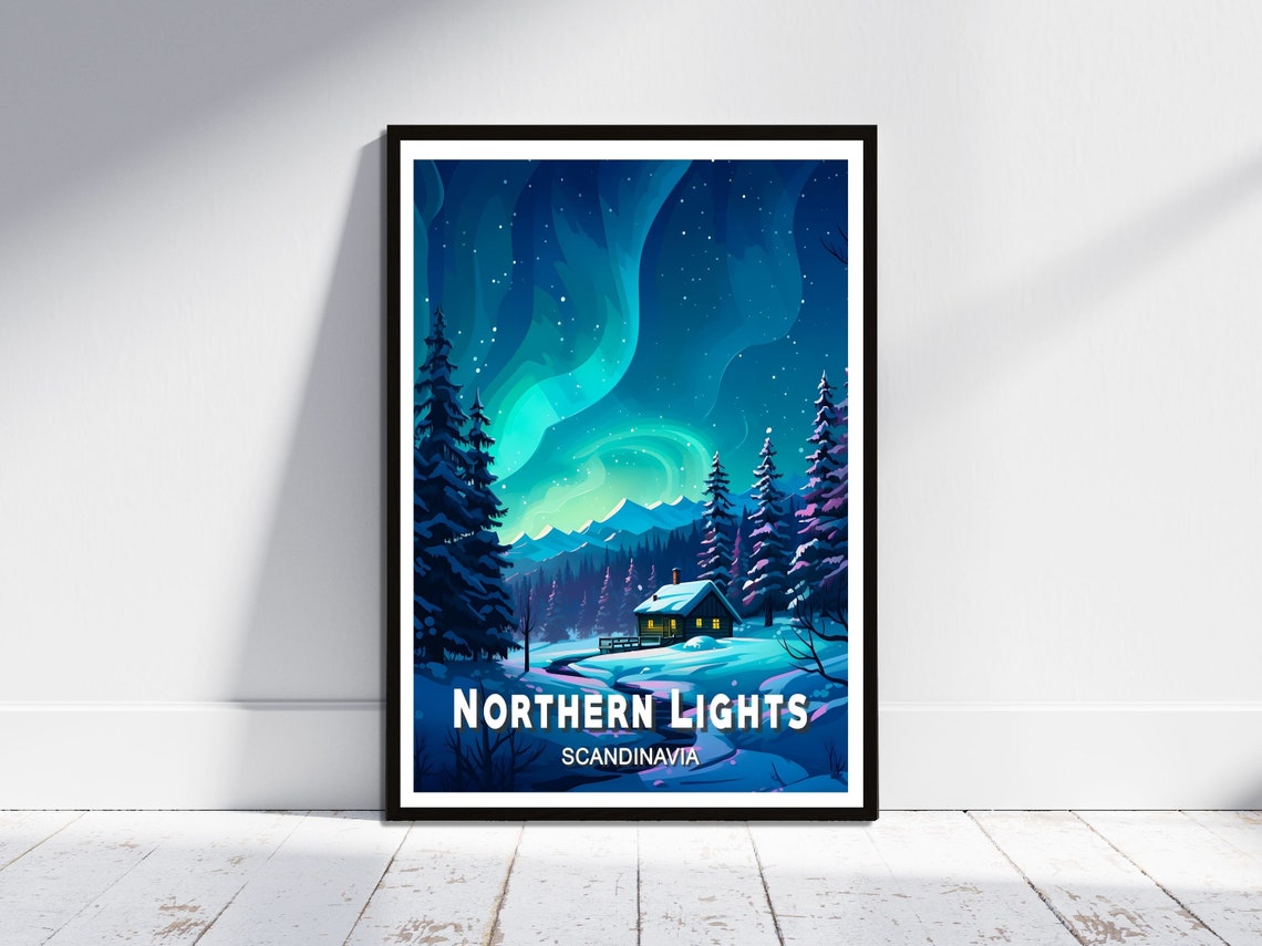 Northern Lights Over Snowy Cabin Scandinavia Aurora Art Poster