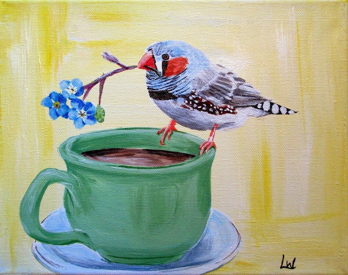 Bird and Tea Cup Finch Art Print by Lauren White