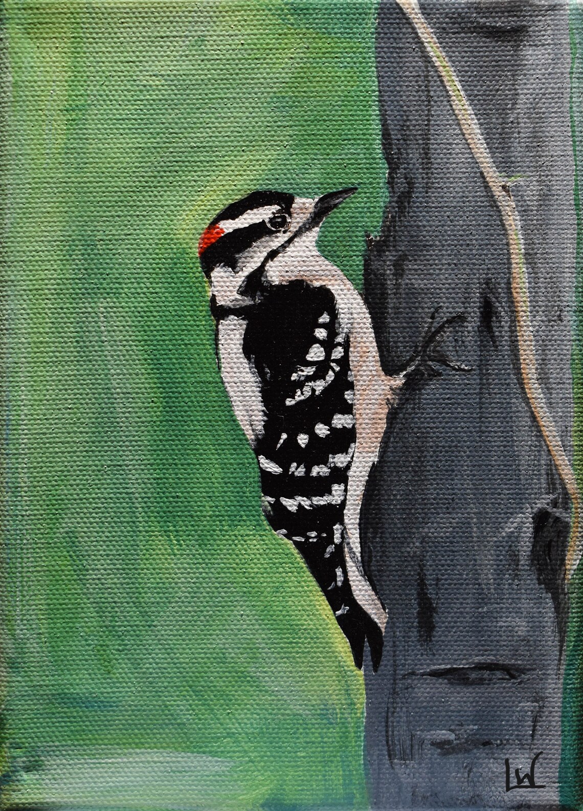 Downy Woodpecker Climbing Tree Trunk Green Bird Art Scene Poster