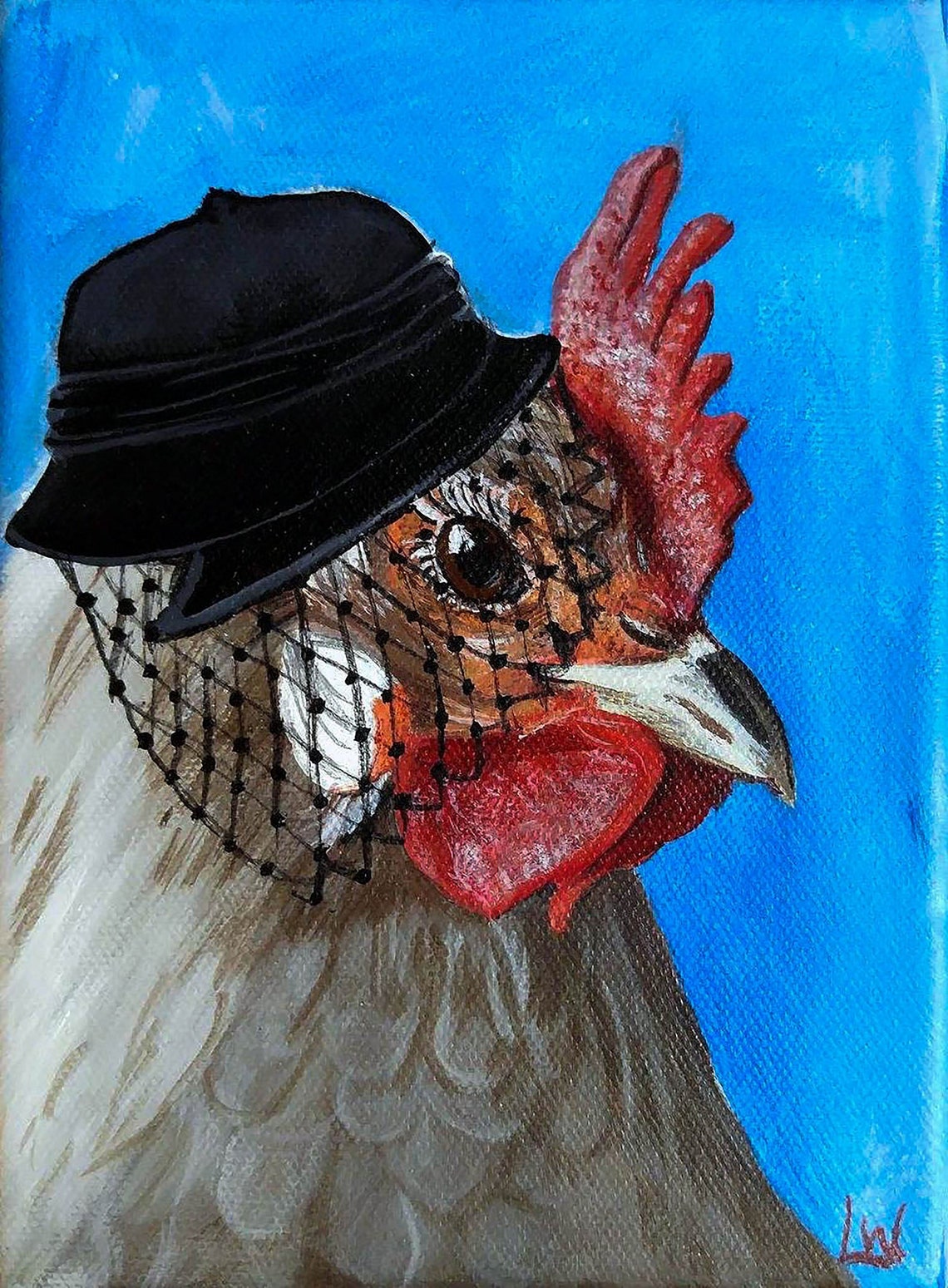 Vintage Hen in 50s Black Hat with Dotted Veil on Blue Poster