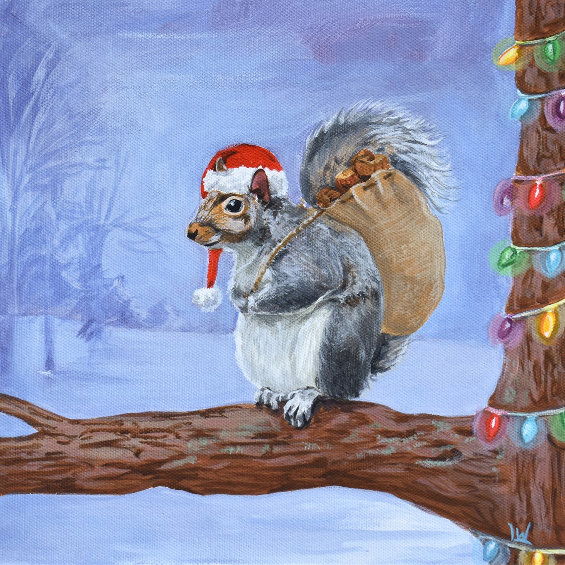 Squirrel in Santa Hat Carrying Acorns Winter Funny Animal Poster