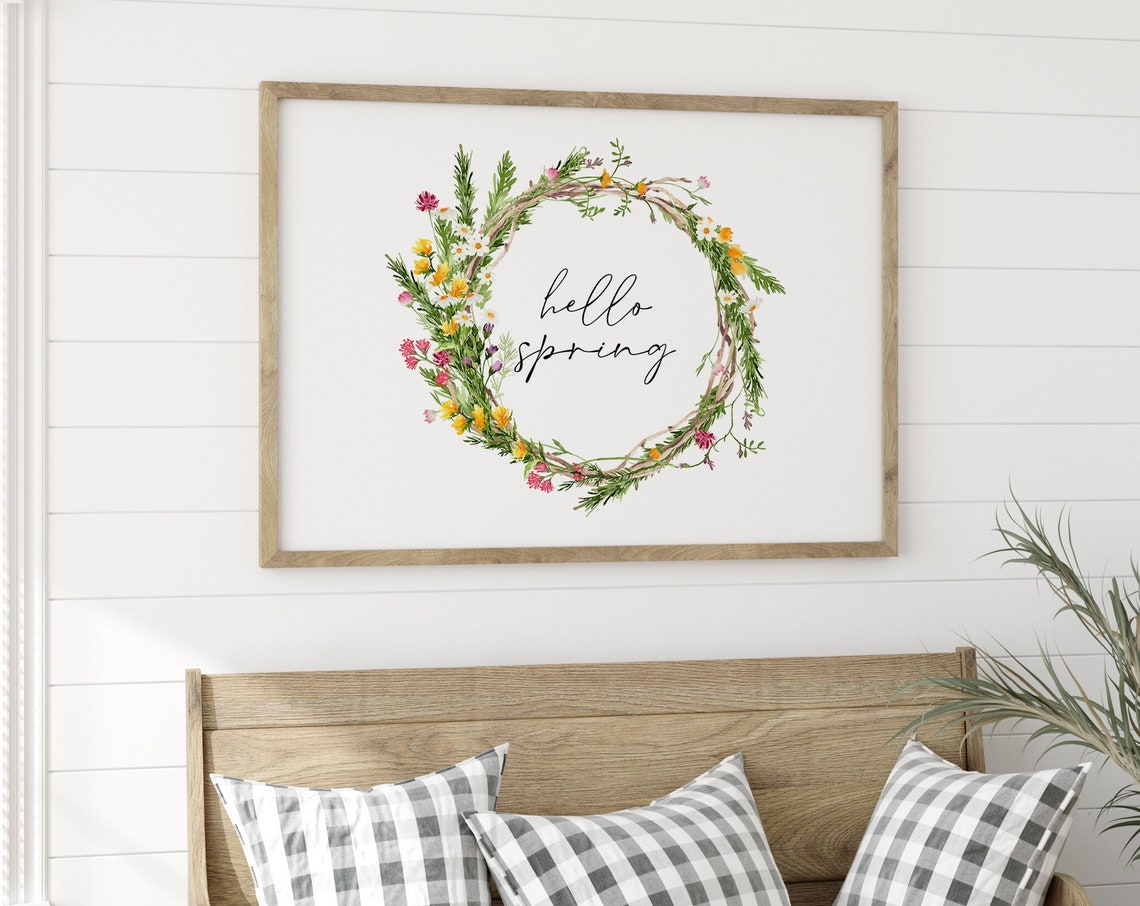 Hello Spring Watercolor Floral Wreath Poster Easter Spring Decor