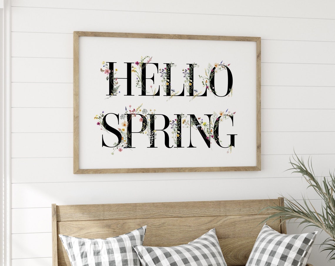 Hello Spring Wildflower Botanical Letters Farmhouse Wall Decor Print