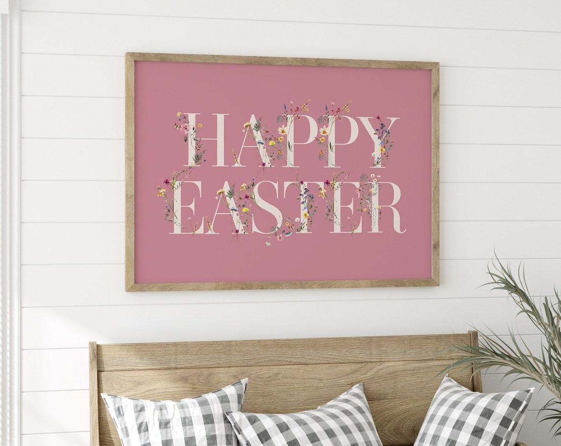 Happy Easter Floral Lettering Pink Spring Holiday Decor Poster