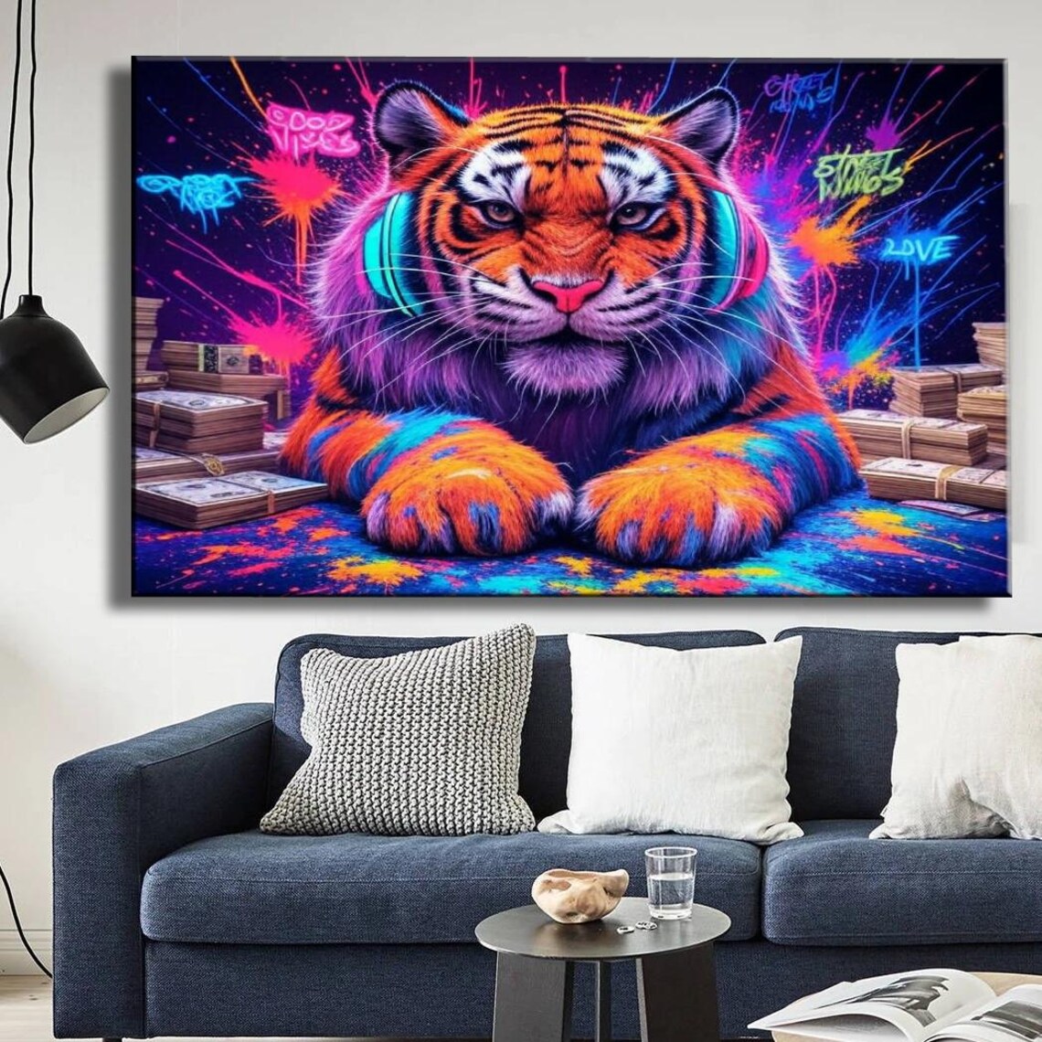 Neon Graffiti Tiger With Headphones Vibrant Street Art Poster