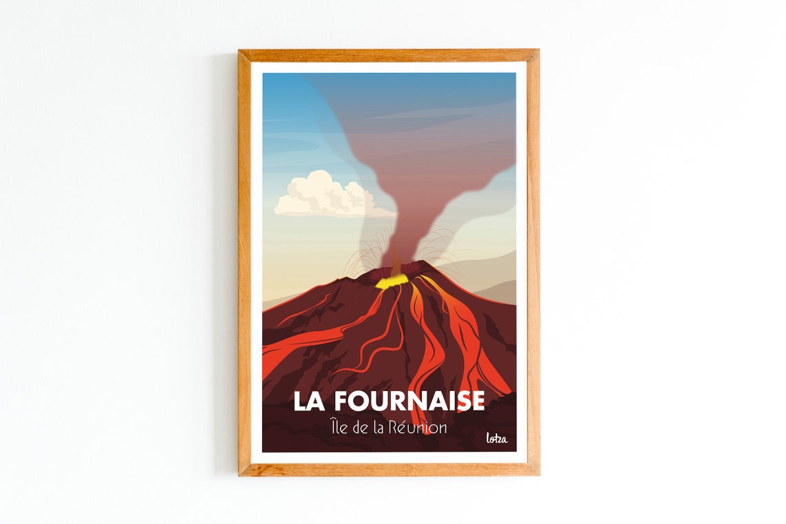 La Fournaise Reunion Island Volcano Eruption Style Travel Poster