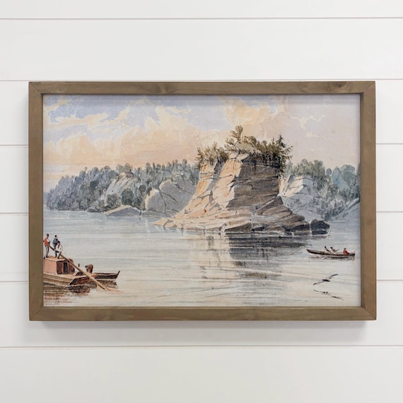 Vintage River Bluff Watercolor Landscape Painting Framed Nature Art Poster