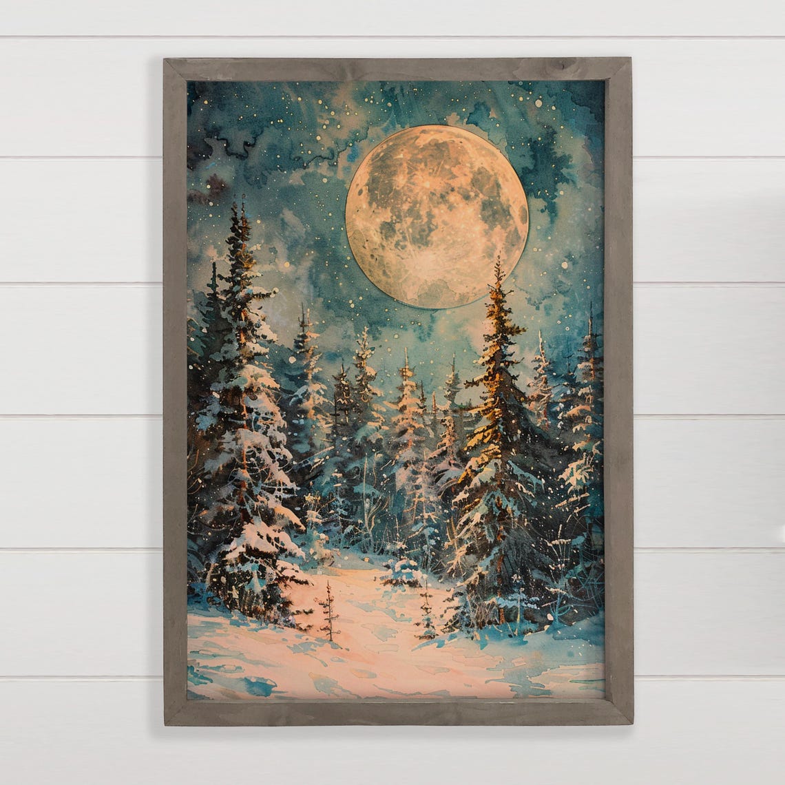 Full Moon Over Snowy Pine Forest Night Winter Scene Art Poster