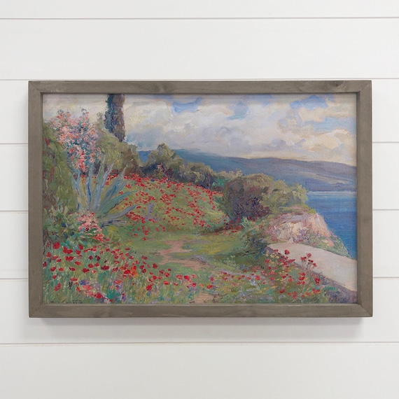 Spring Coastline Red Poppy Cliffs Overlooking Sea Garden Art Poster
