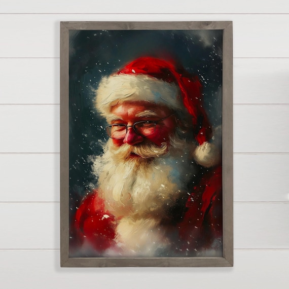 Santa Claus With Glasses Snowy Night Portrait Painting Poster