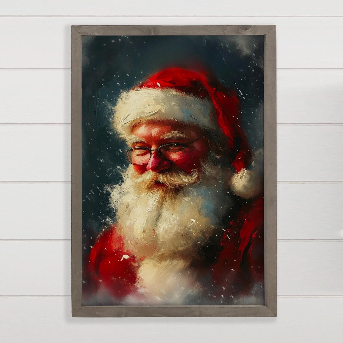 Santa Claus With Glasses Snowy Night Portrait Painting Poster