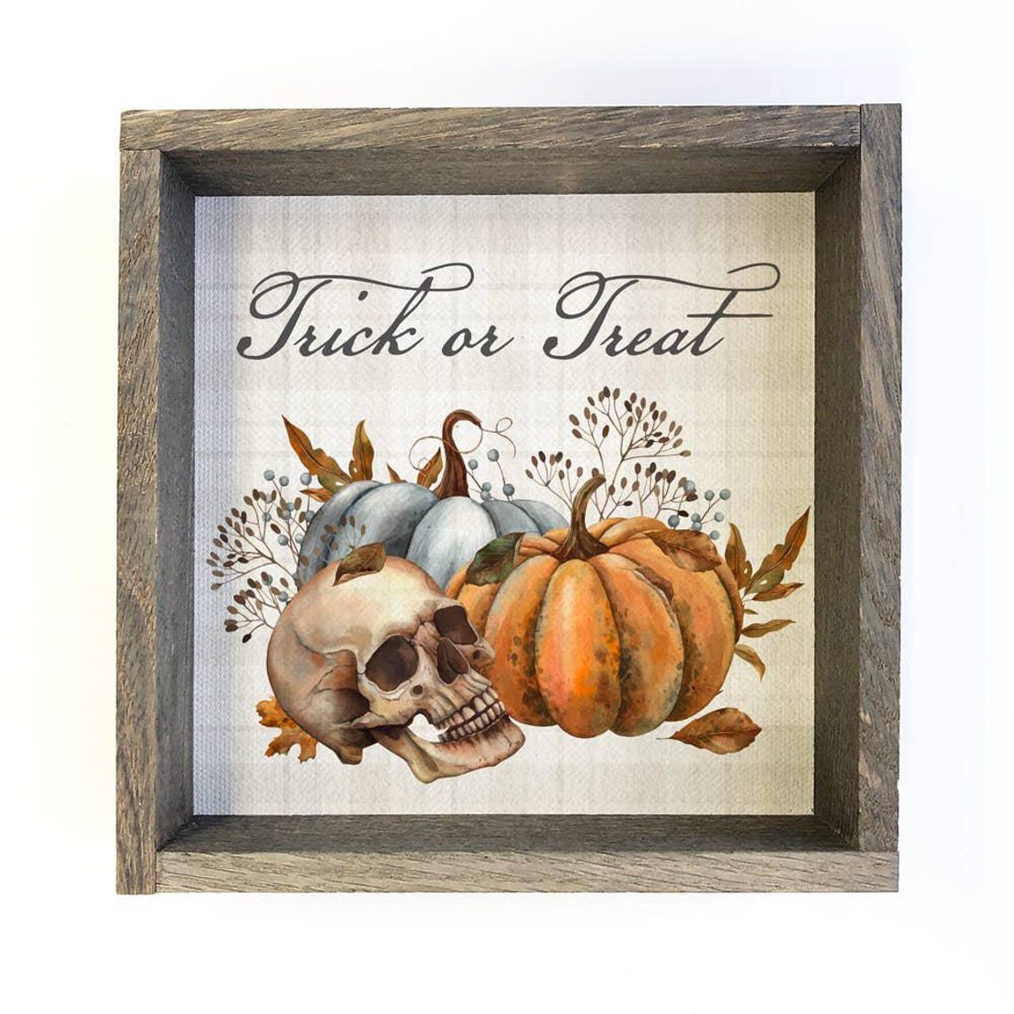 Wood Framed Trick Or Treat Pumpkins And Skulls Halloween Canvas Art