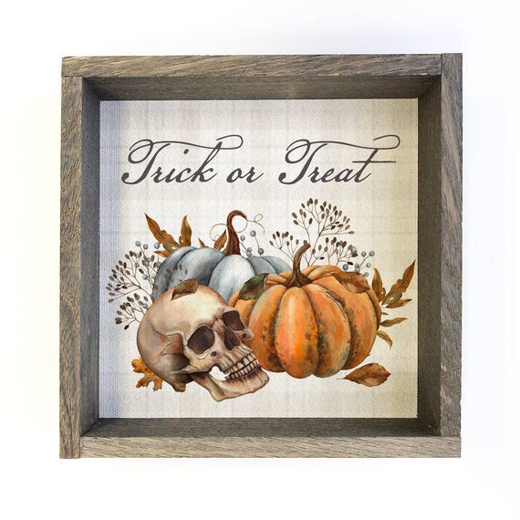 Wood Framed Trick Or Treat Pumpkins And Skulls Halloween Canvas Art