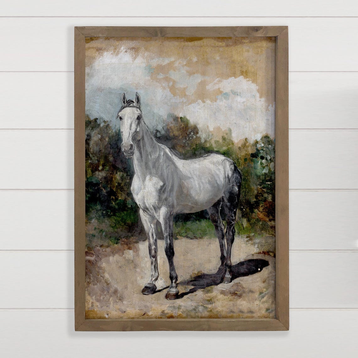 White Horse Standing Vintage French Style Equestrian Art Poster