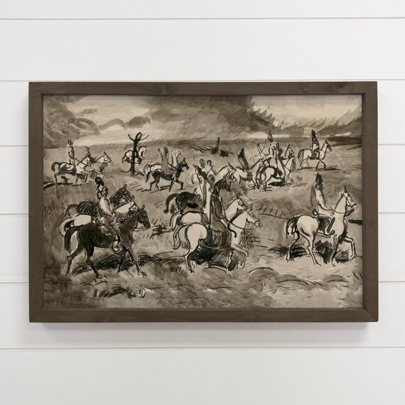 Vintage Cavalry Riders Ink Sketch Galloping Horses Art Poster