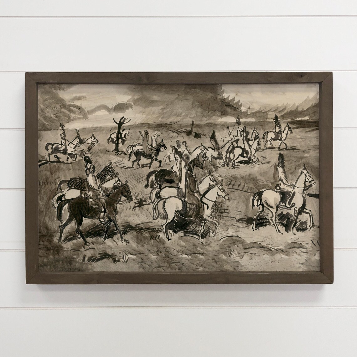 Vintage Cavalry Riders Ink Sketch Galloping Horses Art Poster