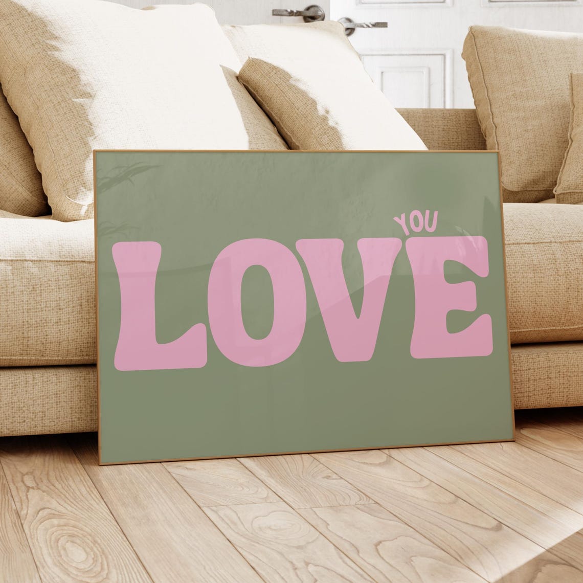 Love You Pink on Sage Green Retro Horizontal Typography Art Print