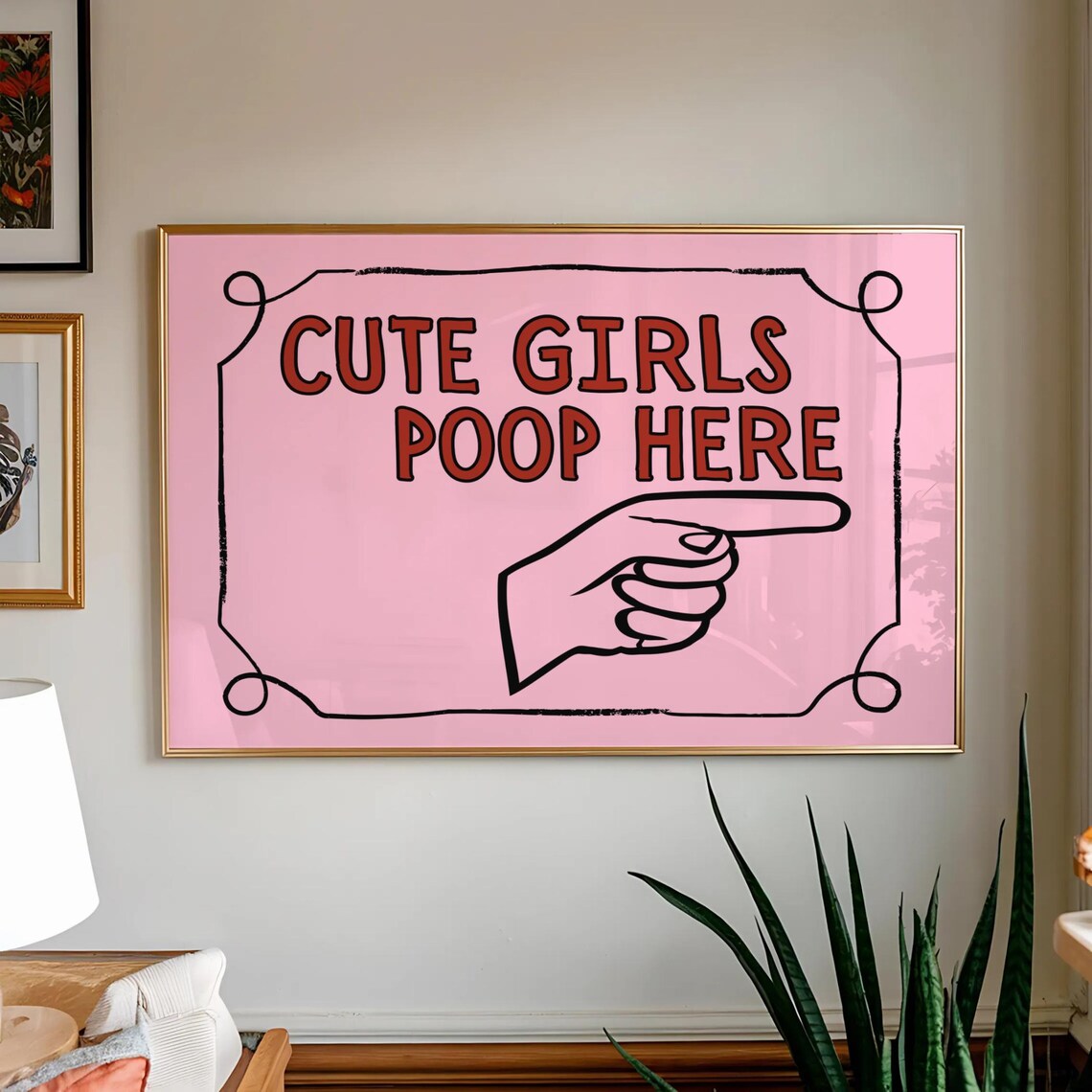 Cute Girls Poop Here Funny Pink Bathroom Pointing Hand Quote Poster