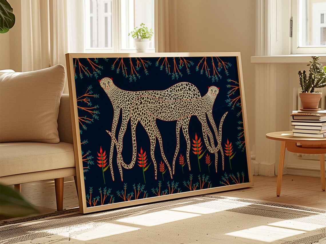 Pair of Spotted Cheetahs Midnight Jungle Floral Art Poster for Walls