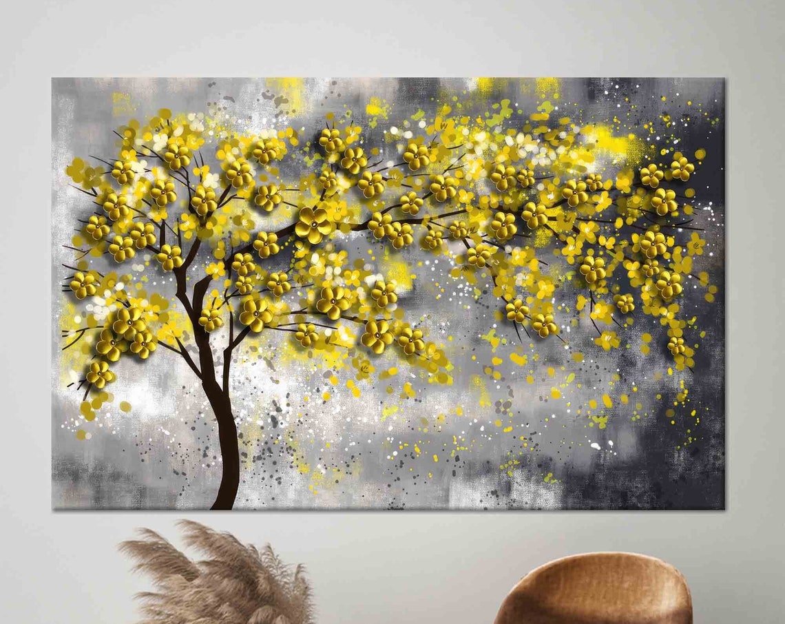 Yellow Blossom Tree on Gray Abstract Background Decor Poster