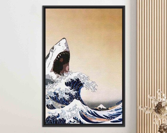 Great White Shark Leaping Japanese Great Wave Style Art Poster