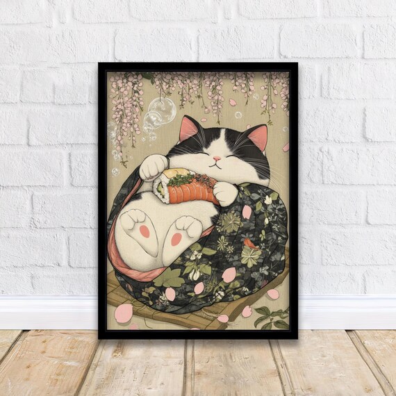 Sleeping Cat Holding Sushi Cherry Blossom Cute Kawaii Feline Poster