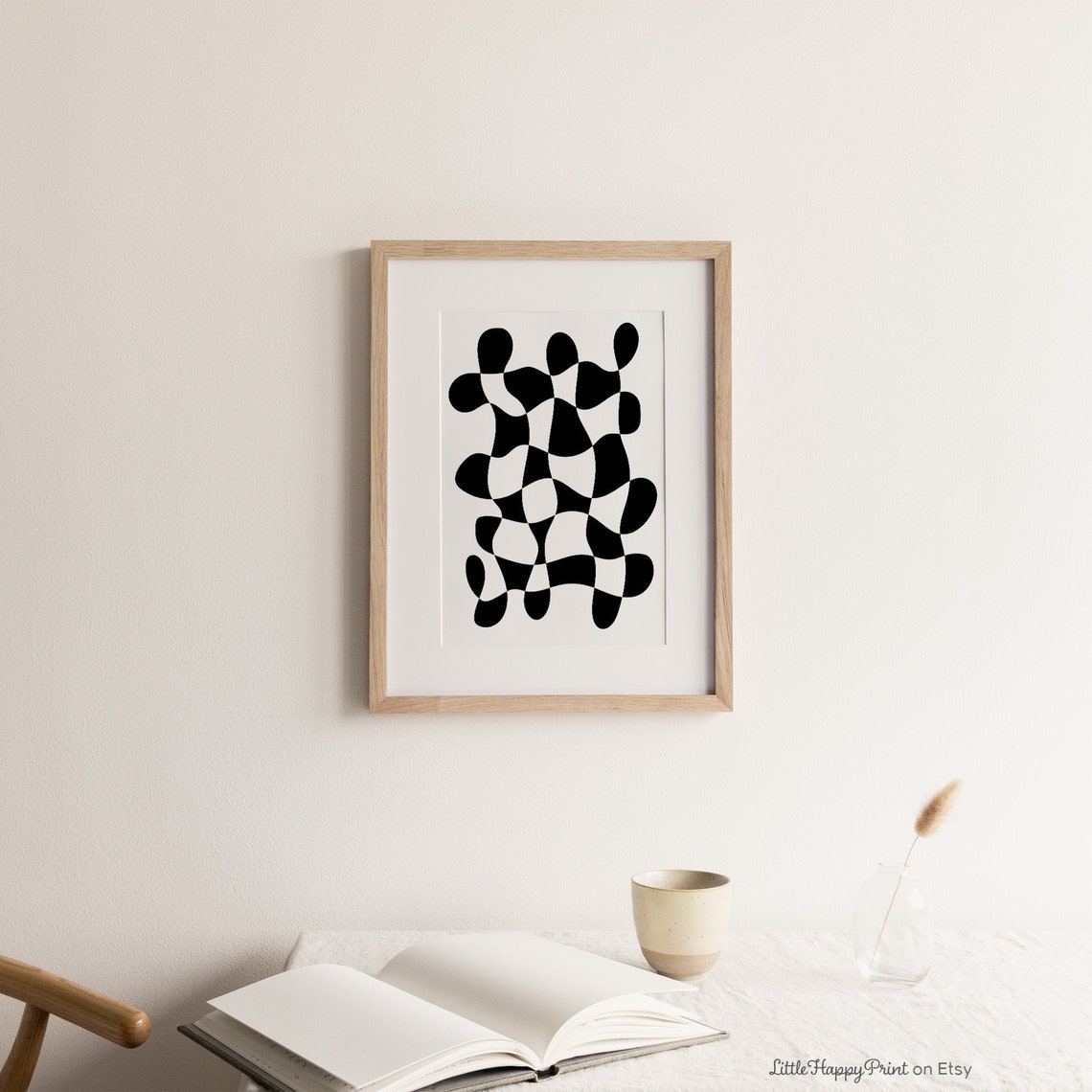 Black White Organic Wavy Checkerboard Modern Abstract Wall Art