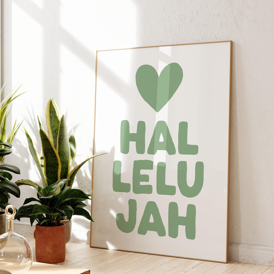Hallelujah Sage Green Heart Modern Christian Quote Typography Poster