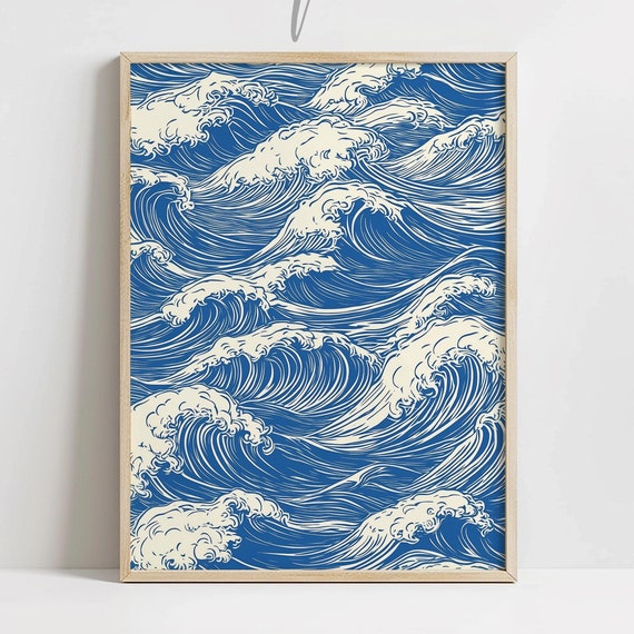 Modern Abstract Ocean Waves Print Nautical Home Decor Blue Beach Wall Art Japanese Inspired Blue White Sea Pattern Poster