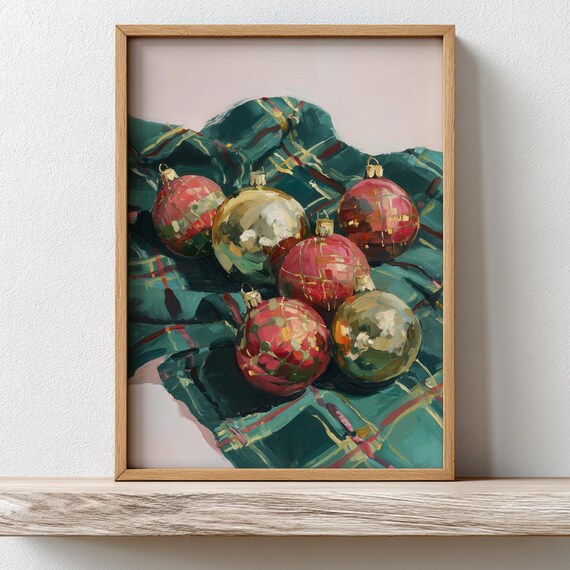 Rustic Plaid Christmas Ornaments Poster Tartan Holiday Decor Painting Art