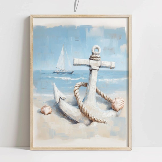 Rustic Seaside Ocean Painting White Anchor Decor Vintage Beach Cottage Wall Art Coastal Home Print Nautical Farmhouse Style