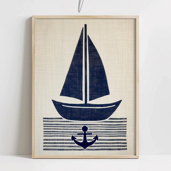 Sailboat Print Nautical Nursery Decor Navy Blue Wall Art Neutral Coastal Cottage Decor Boat Anchor Print Linen Texture
