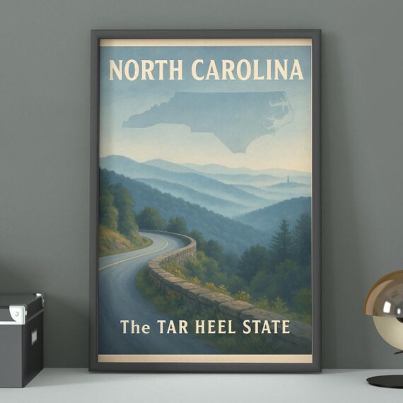 North Carolina The Tar Heel State Mountain Road Vintage Travel Poster