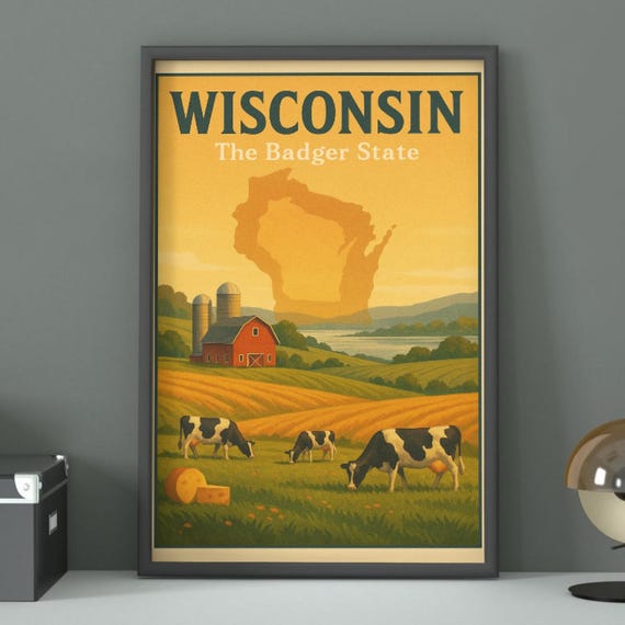 Wisconsin Travel Poster Vintage Badger State Art Print