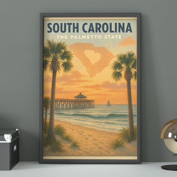 South Carolina The Palmetto State Sunset Beach Vintage Travel Poster