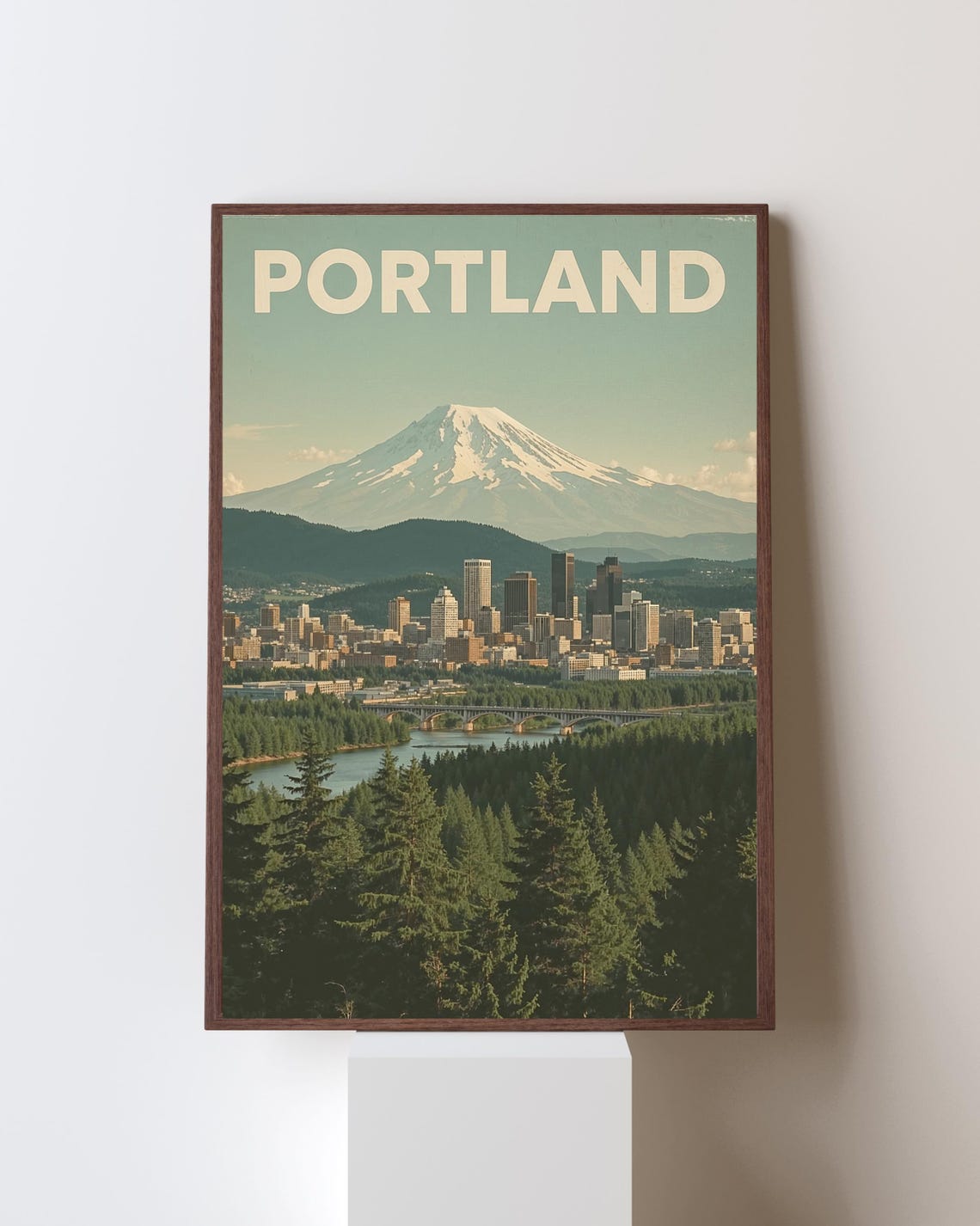 Portland Skyline Mount Hood Snowy Peak Vintage Travel Poster