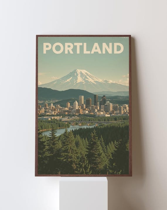 Portland Skyline Mount Hood Snowy Peak Vintage Travel Poster