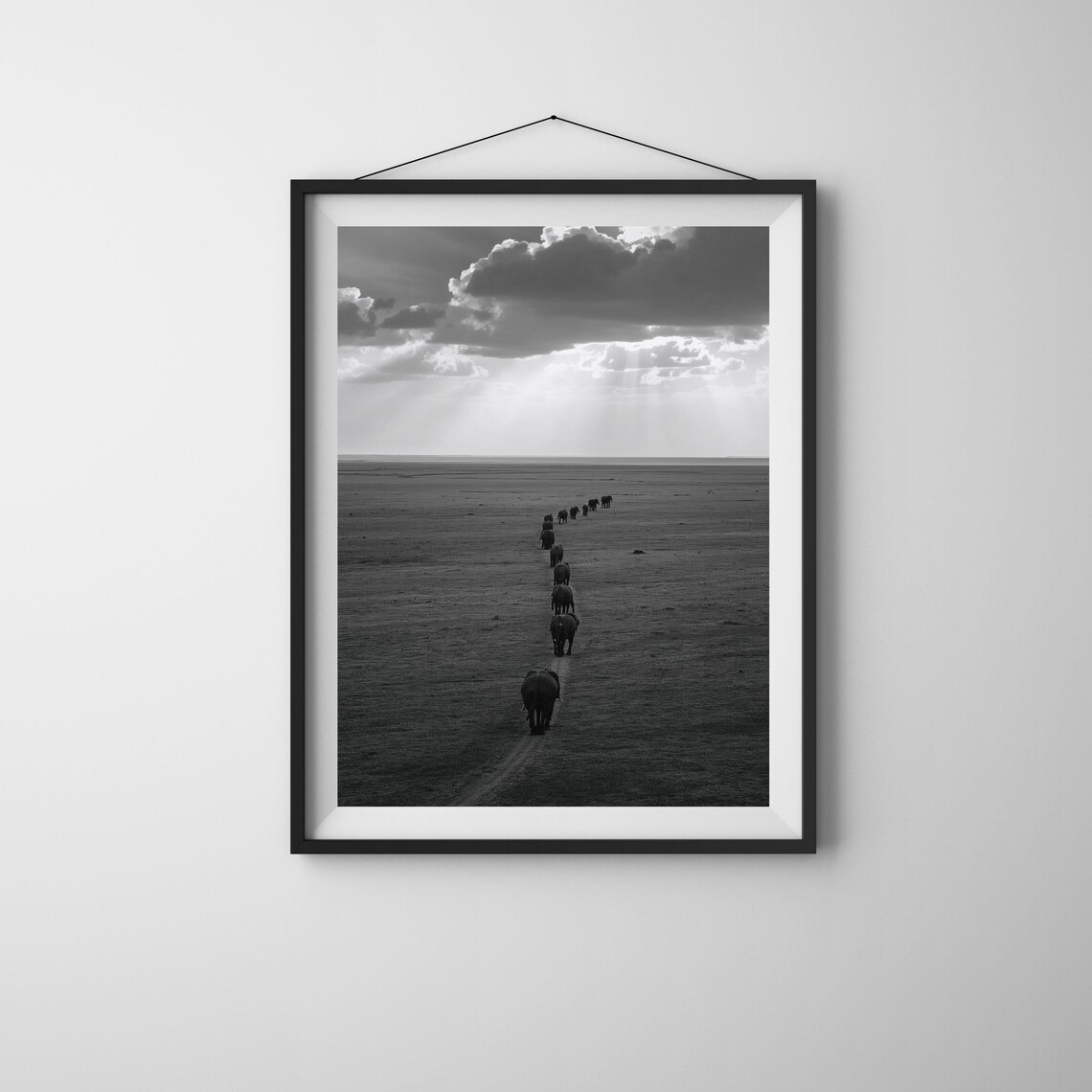 Elephant Herd Walking Savanna Line Minimalist Safari Photo Art Poster