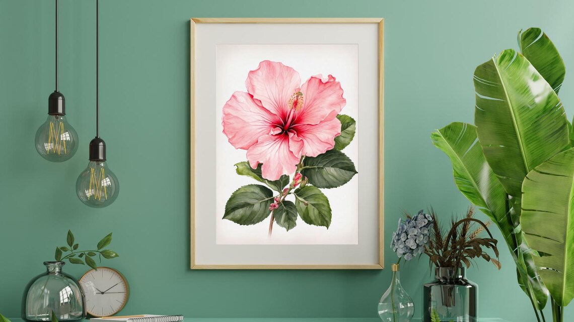 Beautiful Pink Hibiscus Watercolor Tropical Floral Art Poster