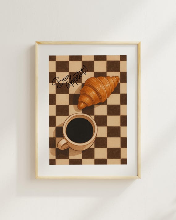 French Cafe Art Print Bon Apptit Coffee Croissant Poster