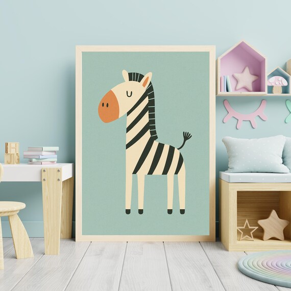Cute Cartoon Zebra Safari Nursery Baby Room Mint Green Wall Art