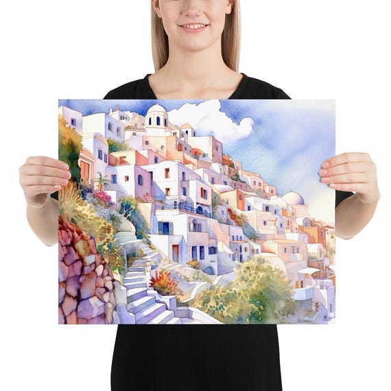 Santorini Greece Watercolor Art Print Travel Illustration