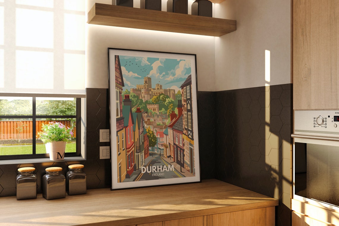 Durham England Travel Poster Castle Hill Historic Street Scene - Image 3