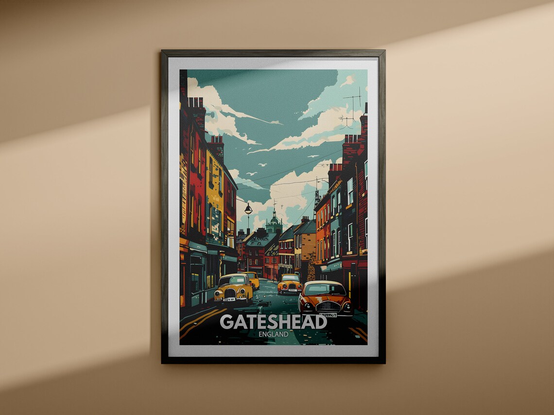 Gateshead England Colourful Terraced Street Vintage Cars Travel Poster - Image 4
