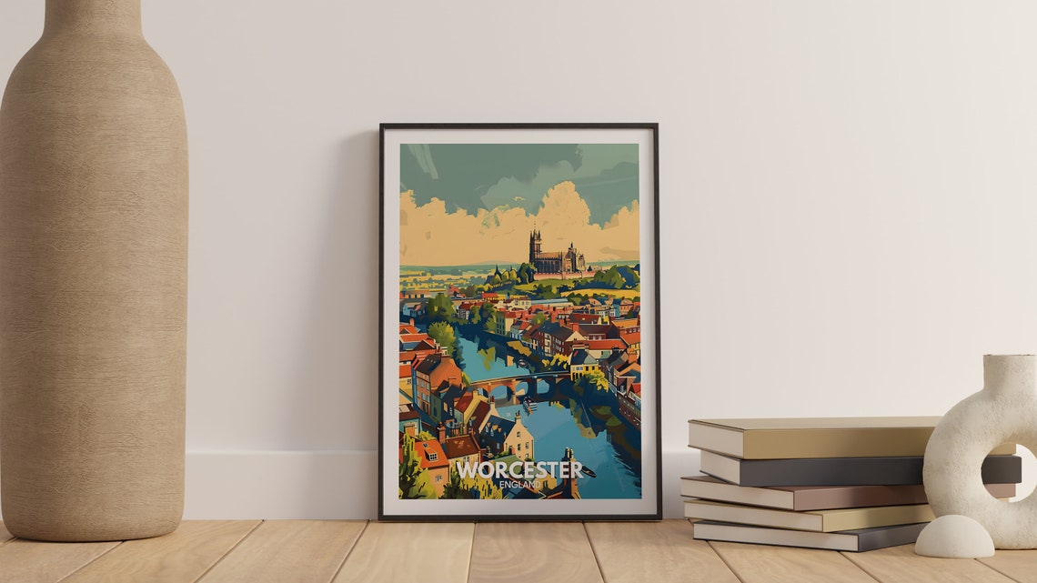 Worcester England Travel Poster Cathedral Riverside Historic View - Image 3