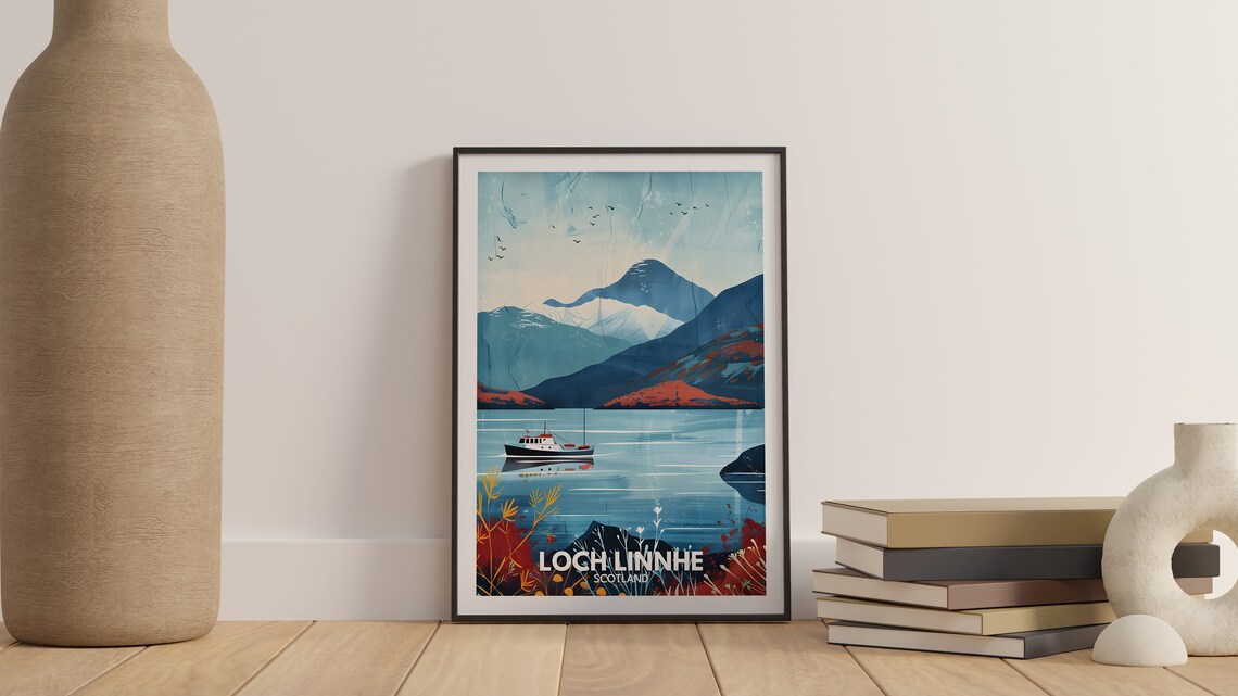 Loch Linnhe Scotland Seashore Boat Snowy Peaks Peaceful Travel Poster - Image 3
