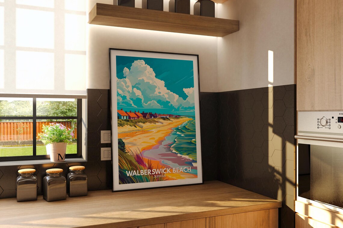 Walberswick Beach Suffolk Travel Poster Dunes Cottages Seaside Art - Image 3